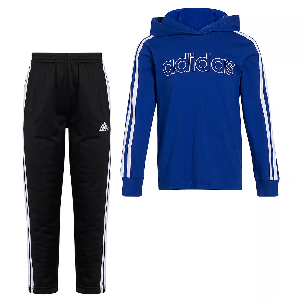 Toddler Boy adidas 3-Stripe Wordmark Logo Graphic Hooded Tee & Pants Set