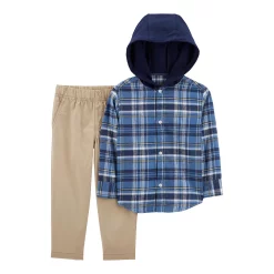 Toddler Boy Carter's Plaid Hooded Button-Front Shirt & Pants Set
