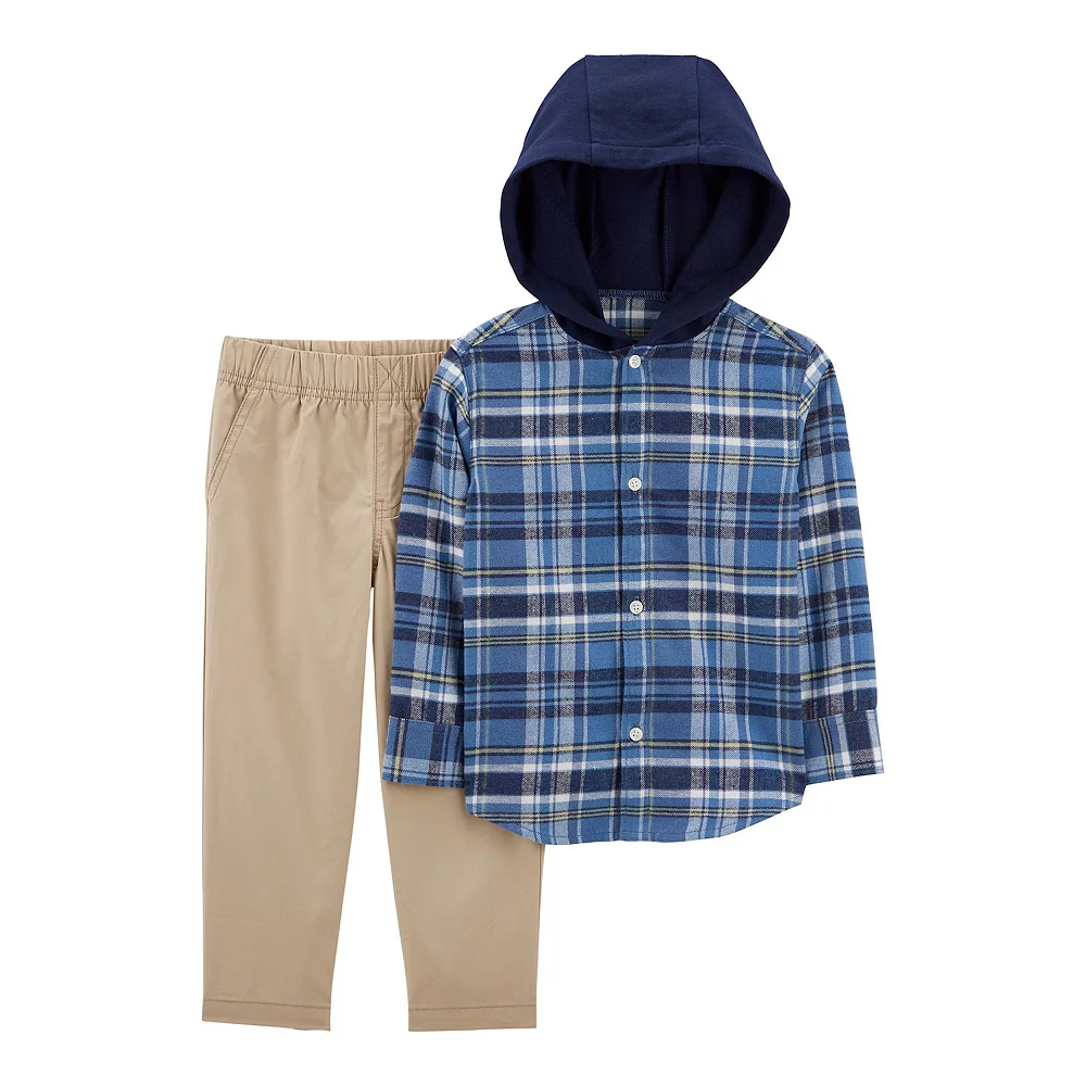 Toddler Boy Carter's Plaid Hooded Button-Front Shirt & Pants Set