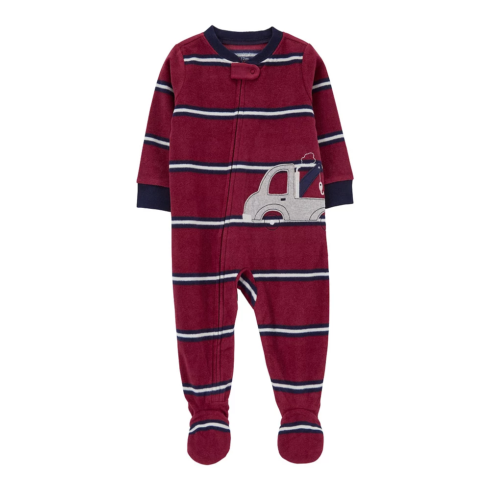 Toddler Boy Carter's Tow Truck Striped Fleece Footed Pajamas